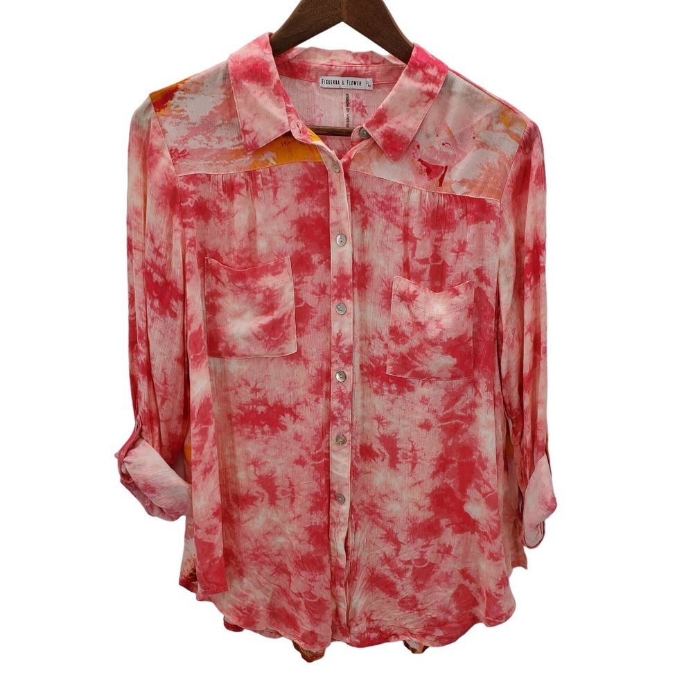 Figueroa & Flower Pink Watercolor‎ Tie Dye Button Up Shirt Sz PL Roll Tab Sleeve